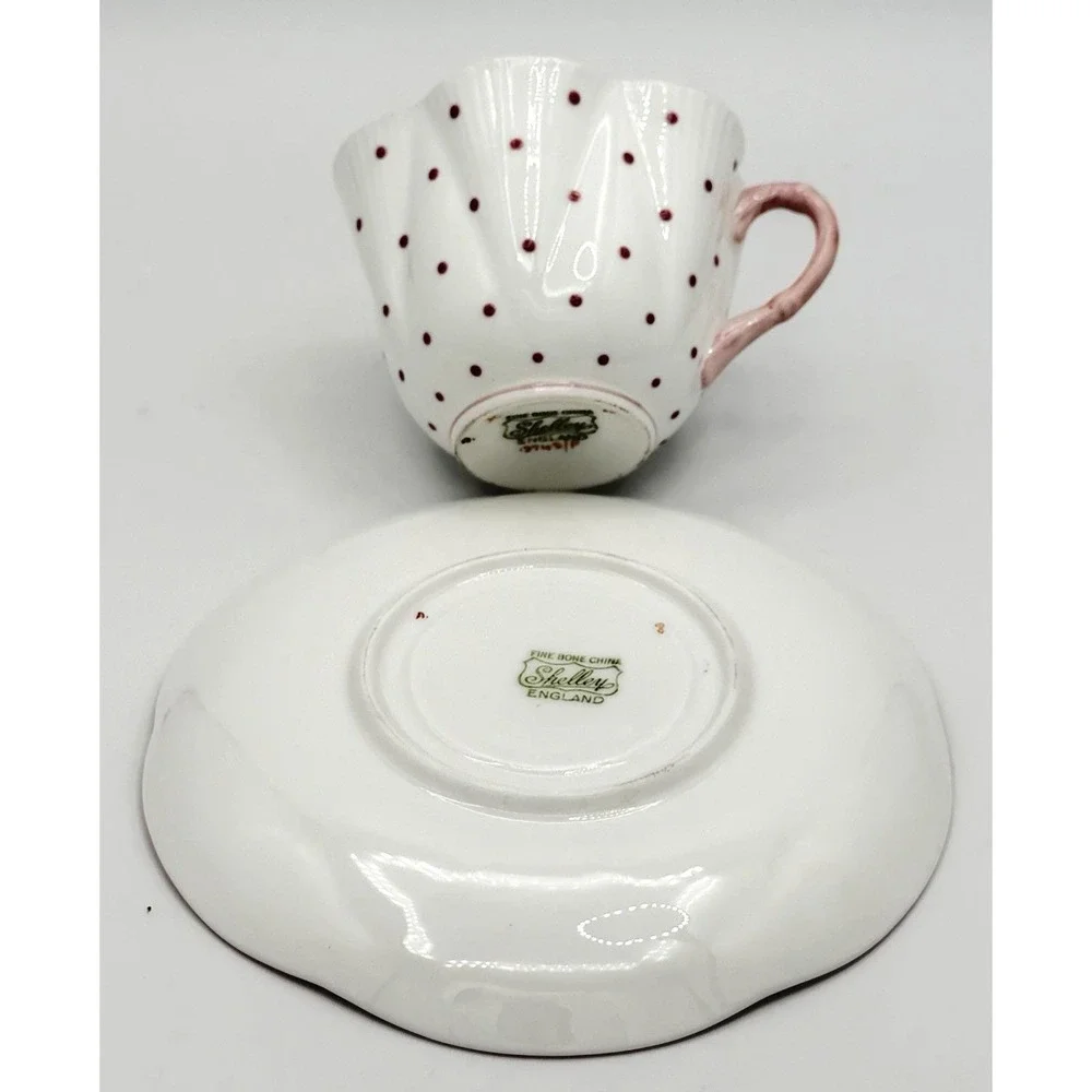 Shelley England Tea Cup Saucer Set White Pink Polka Dots Fine Bone China EUC